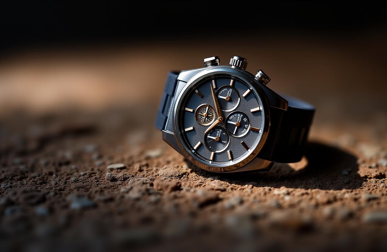 A luxury watch displayed on a textured stone background with dramatic side lighting.
